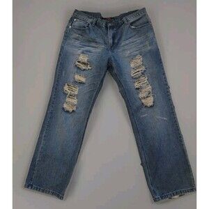 Raw Blue Denim Jeans Mens 38x32 Denim Premium Ripped Wide Leg
